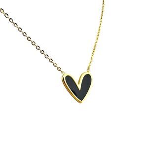 Modern Trendy Minimalist Black Enamel Heart Stylized Gold Tone 18” Necklace